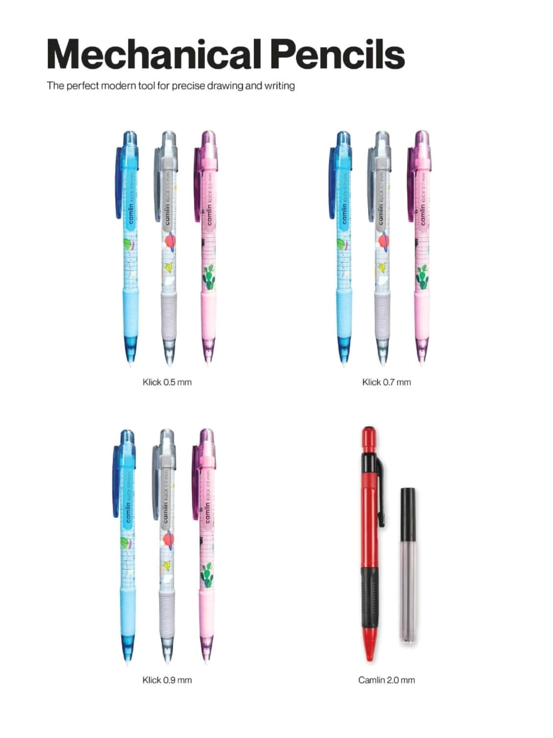 Camlin Mechanical Pencils ,Klick 0.5 mm(3 pencil)/Klick 0.7 mm(3 pencil)/Klick 0.9mm(3 pencil)/Camlin 2.0 mm(1 Pencil)